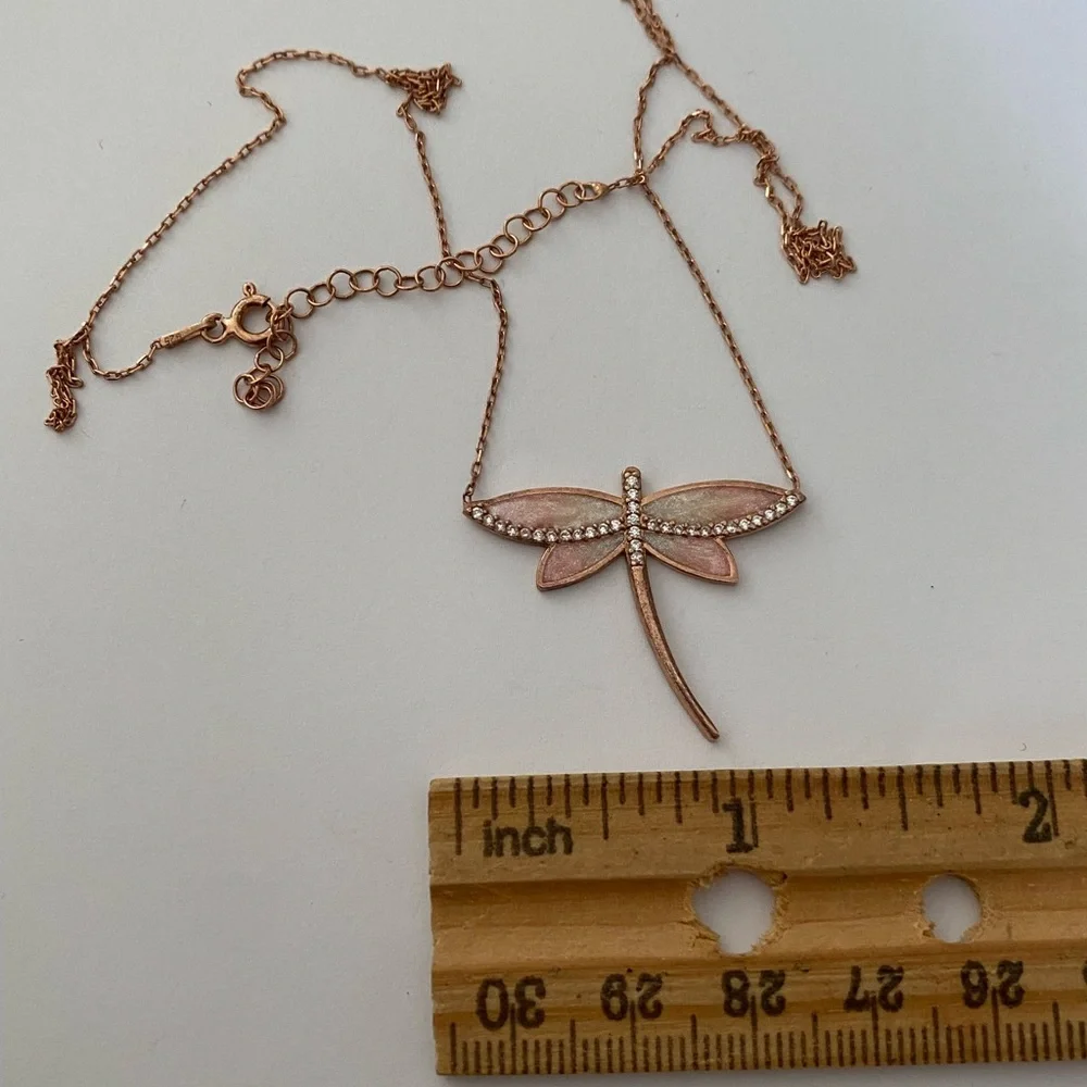 925 Silver pink dragonfly enamel cz stones necklace 14K rose gold plated